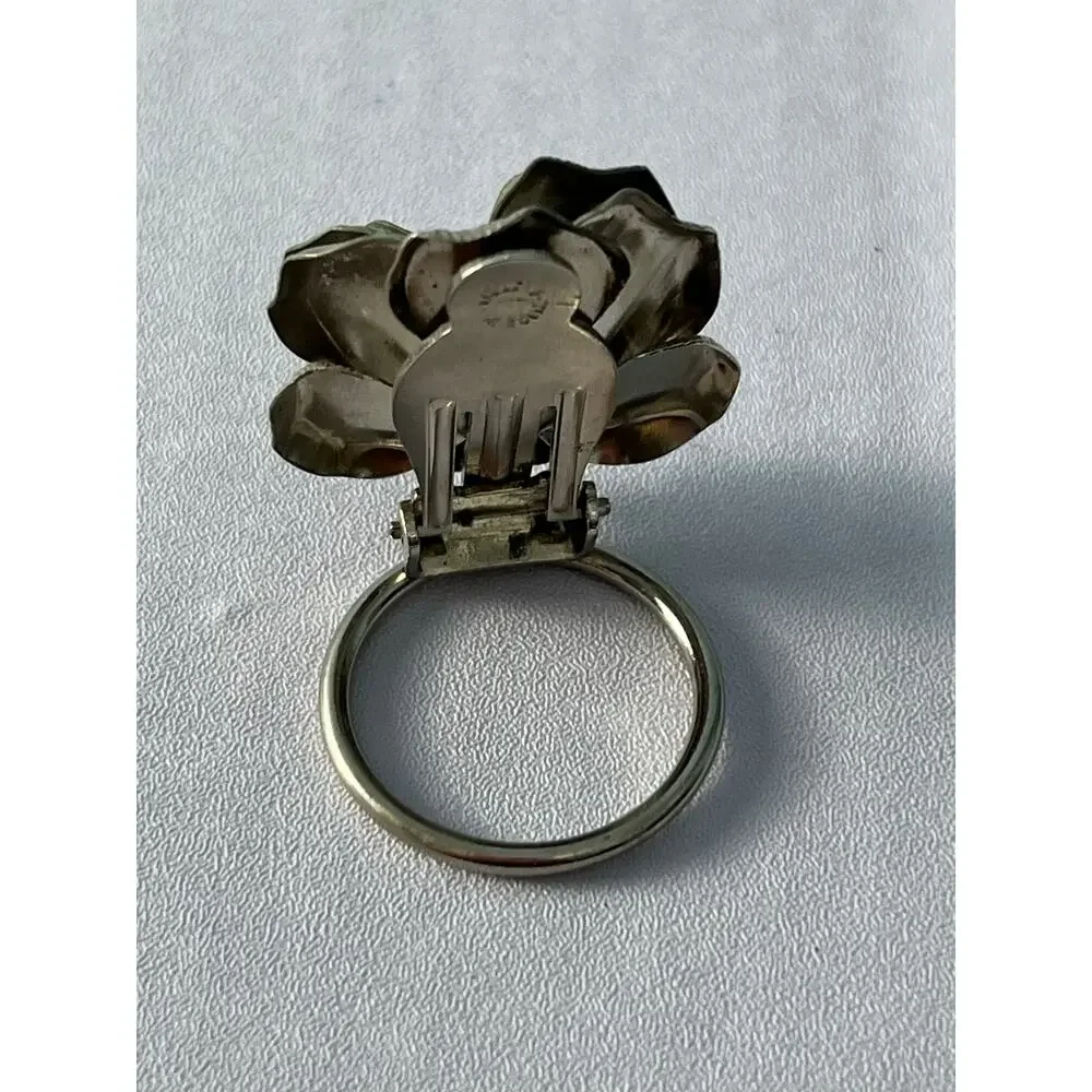 VTG Silver Tone Sculptural Flower Fur Clip Mid Century Coat Collar Clasp Austria